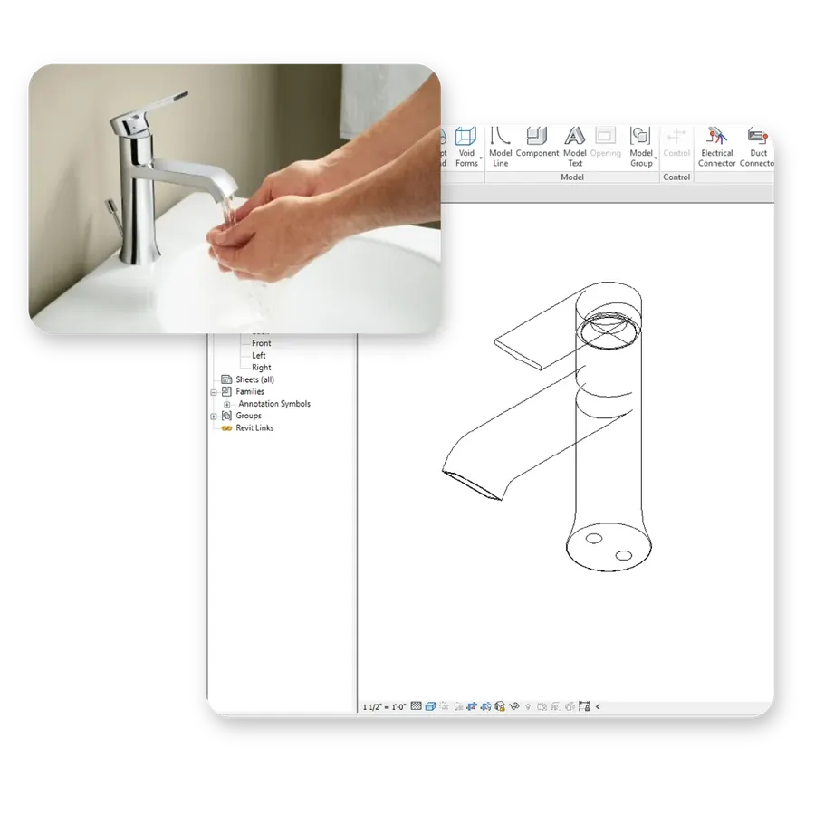 Moen faucet product photography alongside its Revit BIM model